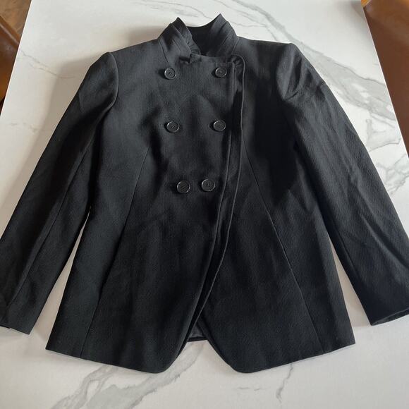 Ann Taylor 100% Wool Black Double Breasted Ruffled Collar Jacket Blazer Vtg. 8P - Picture 1 of 13